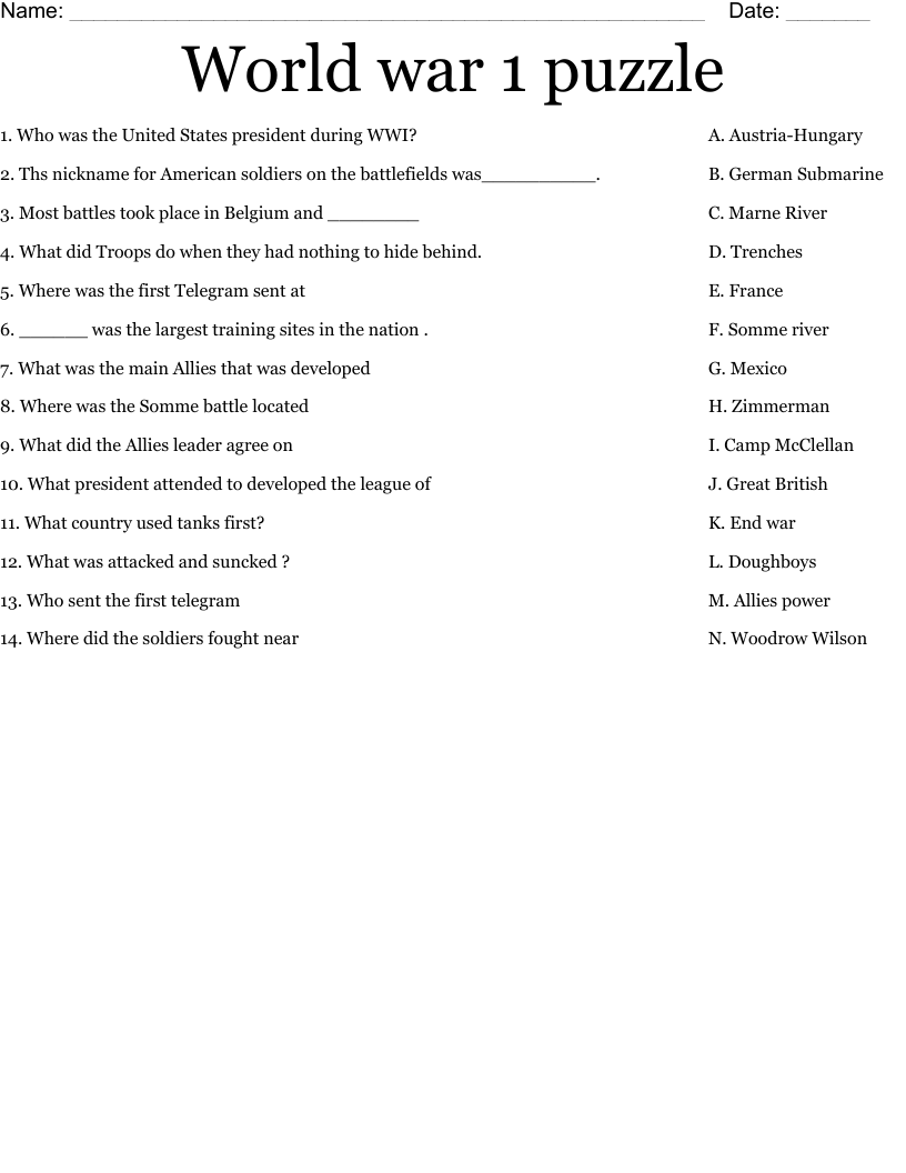 World War 1 Puzzle Worksheet WordMint World War 1 Puzzle Worksheet WordMint