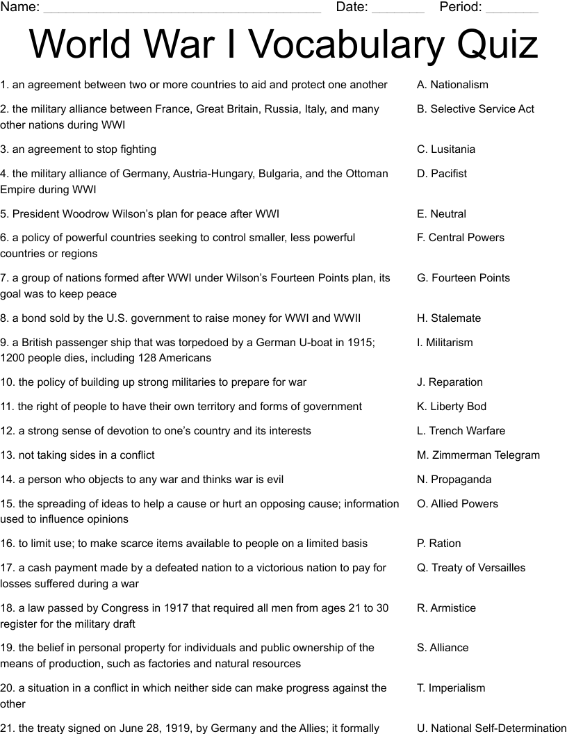 World War I Vocabulary Quiz Worksheet WordMint World War I Vocabulary Quiz Worksheet WordMint