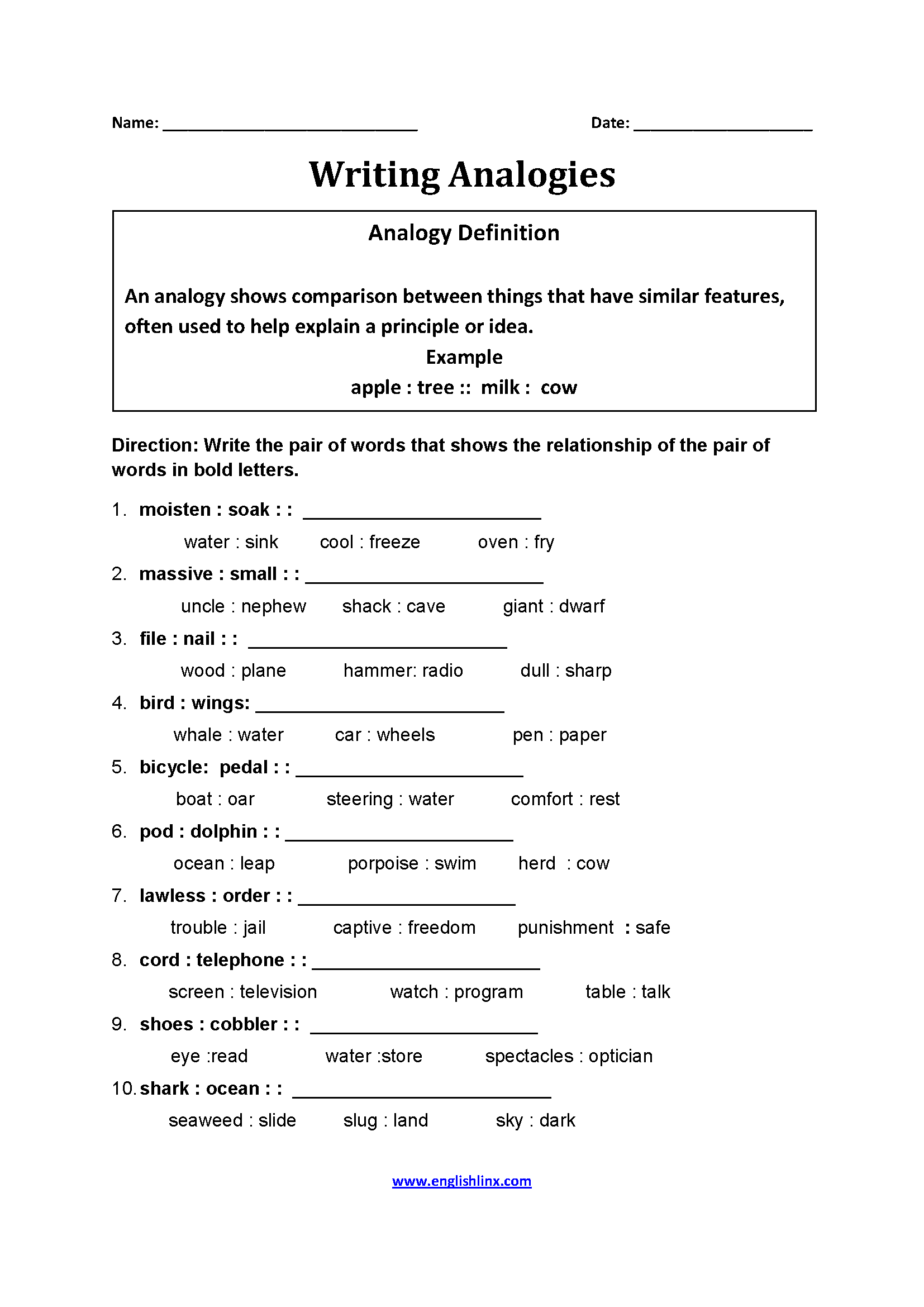 Writing Analogies Create Your Own Word Analogies