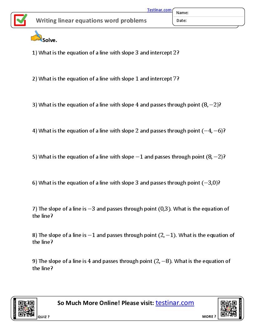 Writing Linear Equations Worksheets
